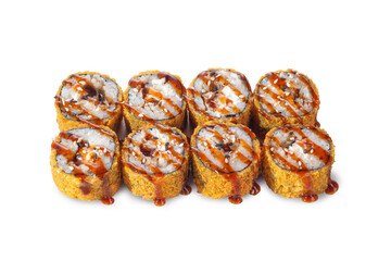 Eight pieces of golden tempura sushi rolls topped with teriyaki glaze and sesame seeds....