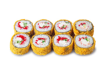 Crispy deep-fried sushi rolls with tobiko, cucumber and cream cheese isolated on white