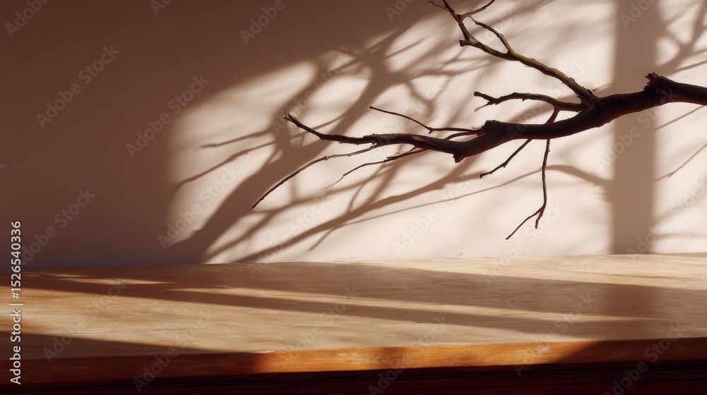 Leinwandbilder Artistic shadow play of intricate tree branches cast on a warm beige wall with subtle textures and natural patterns, creating a tranquil and poetic ambiance with ample space for text on the right