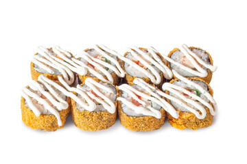 Deep-fried sushi rolls with sauce, shrimp and vegetables isolated on white
