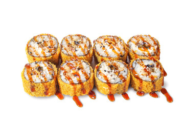 Eight crispy deep-fried sushi rolls drizzled with sweet teriyaki sauce and sprinkled with sesame seeds. Asian fusion dish isolated on white background, perfect for food delivery or advertising
