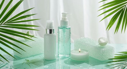 Spa scene with cosmetic bottles, candle, palm leaves, and water droplets on a light green surface.