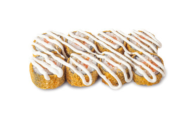 Eight crispy deep-fried sushi rolls with salmon and creamy topping. Drizzled with white sauce,...