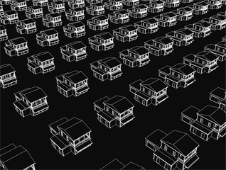A row of houses are shown in black and white. The houses are all the same size and shape, and they are all lined up next to each other. The image gives the impression of a very organized