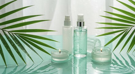 Spa serenity: Palm fronds, candles, and skincare bottles on a reflective surface