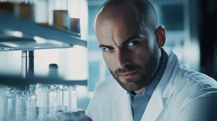 A focused scientist in a laboratory setting examines test tubes filled with colorful liquids, showcasing a moment of intense concentration amidst a backdrop of scientific equipment