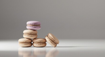 Stacked Macarons with Lavender Topping and Leaning Cookie on White Surface