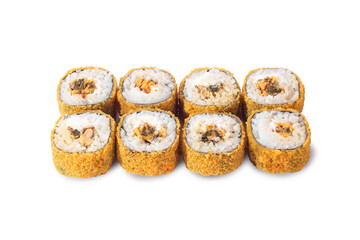 Eight crispy tempura sushi rolls with a creamy mushroom filling, wrapped in rice and seaweed. Traditional Japanese-inspired appetizer, isolated on white, ideal for menus and delivery