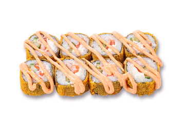 Eight crispy deep-fried sushi rolls filled with salmon, cucumber and cream cheese, topped with...
