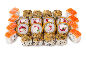 Appetizing sushi set featuring baked rolls with sesame, crispy tempura rolls with cream cheese and tobiko, and classic salmon Philadelphia rolls. Isolated on white background, perfect for delivery