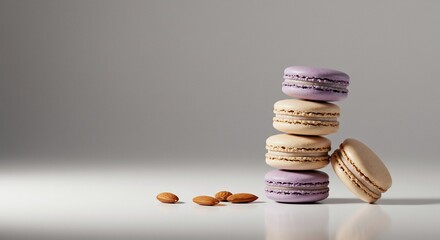 Stacked pastel macarons with almonds on a reflective surface against a gray backdrop