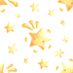 Cute little gold stars seamless watercolor pattern for baby desings. Hand drawn illustration from yellow funny smiling character in star shape. Playfull celestial background in kids fairy dreams style