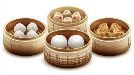 Aesthetic Arrangement of Bamboo Steamers Filled with Various Dim Sum Dishes Including Dumplings, Buns, and Pastries in a Traditional Chinese Style