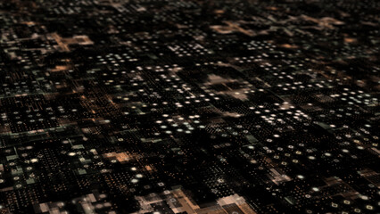 Abstract appearing and disappearing hi-tech 3d technology cyberspace on black background, sci-fi cyber background
