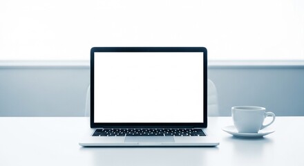 Fototapeta premium minimalist desk with a laptop and coffee