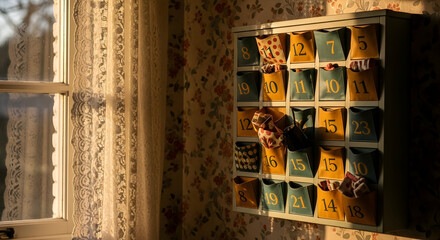 Fototapeta premium Nostalgic Charm Of A Fabric Advent Calendar With Window Light And Floral Wallpaper