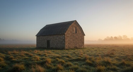 Stone Barn in Misty Field at Dawn, Rural Landscape with Golden Light