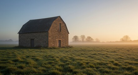 Stone barn bathed in golden morning light, misty field, rural tranquility