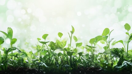 A vibrant scene showcasing young green plants sprouting from rich soil, illuminated by soft sunlight, creating a serene atmosphere filled with gentle bokeh effects in the background