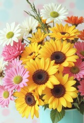 Obraz premium vibrant yellow, pink & white gerbera daisies bouquet on festive background – fresh floral background