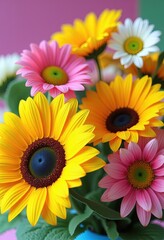 vibrant yellow, pink & white gerbera daisies bouquet on festive background &ndash; fresh floral background