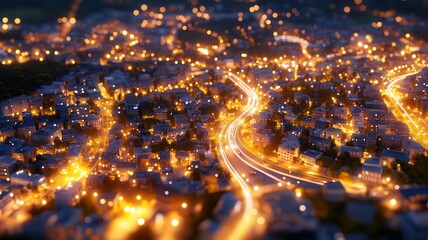Captivating night cityscape with glowing golden lights over urban streets creating a dreamlike ambience and illustrating city life at night. Robotics and automation
