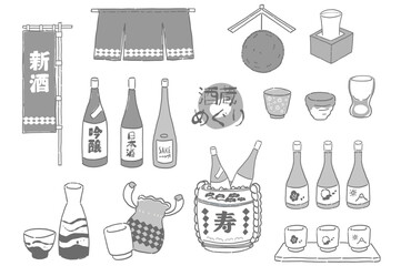 日本酒をイメージしたイラストセット　モノクロ
