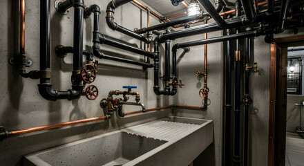 Urban Design Interior With Copper And Iron Pipes For The Washing Room