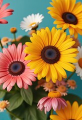vibrant yellow, pink & white gerbera daisies bouquet on festive background &ndash; fresh floral background