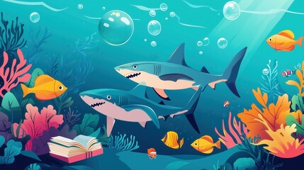 Obraz premium A group of sharks swims through a colorful reef with an open book on the ocean floor.