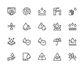 Waterproof related vector linear icons set. Contains such icons as electronics protection, sealed, leak, splashproof and more.