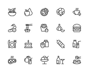 Meal related vector linear icons set. Contains such icons as salad, apple, pear, pizza, coffee, tea and more.
