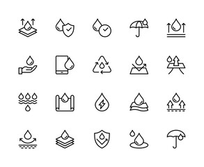 Waterproof related vector linear icons set. Contains such icons as splashproof, rainproof, protection, moisture, drop and more.