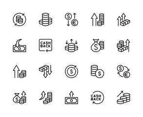Money movement related vector linear icons set. Contains such icons as money, transfer, cash, flow, finance, payment and more.