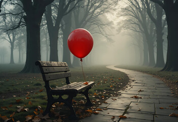 A red balloon hovers over a bench in a foggy park, adding a pop of color to the serene, misty atmosphere.