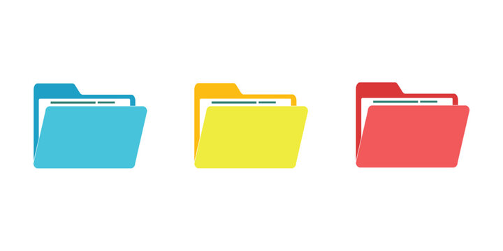 Computer file folder icons set. Colorful document folders. Office folder icons with documents. Folders for reports and important documents. Vector illustration.