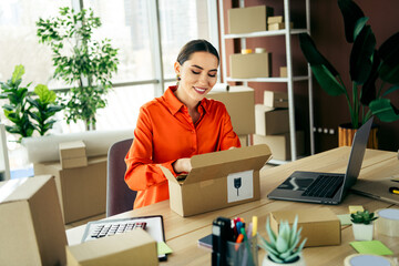 Starting a small business woman in stylish workspace managing e commerce orders, reflecting small...