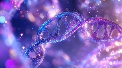 Vibrant dna helix in a dreamlike cosmic setting decked in purple hues reflecting scientific exploration and molecular wonder. Robotics and automation