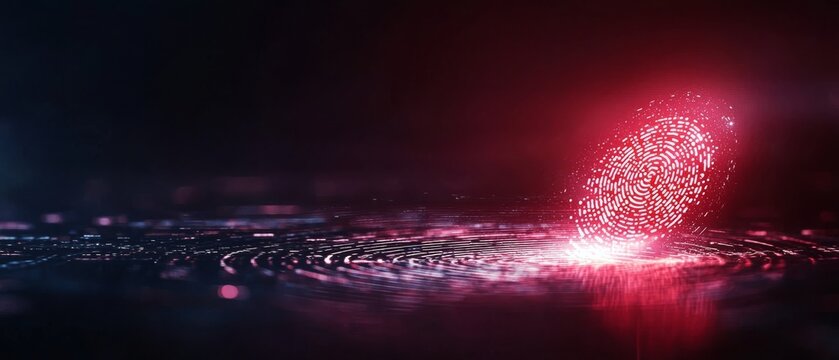 A glowing red fingerprint interacts with a digital surface, representing biometric technology and security.