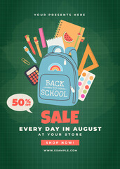 Back to School banner with typography and school supplies elements. Vector design template for poster, card, sale, party invitation, flyer.