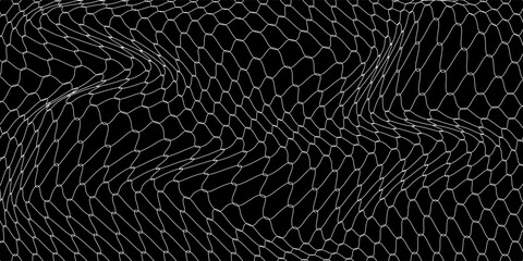 Fishing net seamless pattern. Soccer and football gates mesh. Fishnet texture. Basketball hoop and hockey net pattern. Sportswear texture. Chain link fence. Vector illustration on black background.
