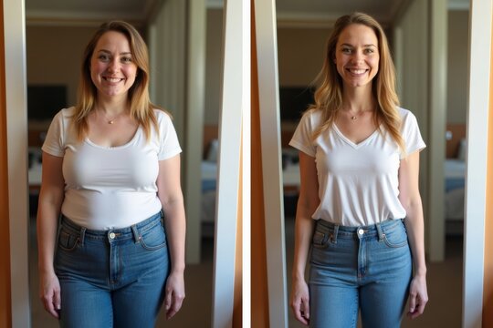Before and After Weight Loss: Funhouse Mirror Distorts Woman's Reflection in Same Outfit