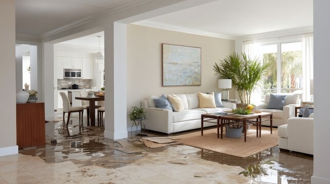 Dramatic living room scene showing soaked carpet and floating furniture after pipe burst highlighting home repair and insurance needs with copy space