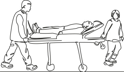 One continuous single drawing line art flat doodle ambulance, doctor, patient, person, stretcher, emergency, hospital, medicine, clinic. Isolated image hand draw contour on a white background, hand dr