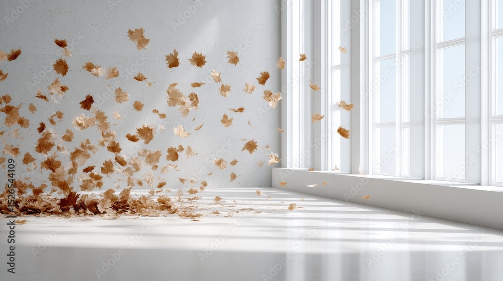 Poster whimsical autumn scene with falling maple leaves in soft light, capturing natural motion and serenit