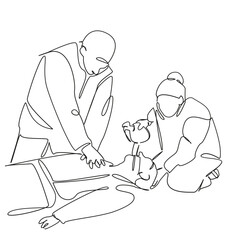 One continuous single drawing line art flat doodle hospital, patient, healthcare and medicine, doctor, adult, emergency room, teamwork, cpr. Isolated image hand draw contour on a white background, han