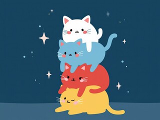 Whimsical Cartoon Illustration of Four Stacked Cats &ndash; Brightly Colored Cats on Dark Blue Starry Background, Playful and Cheerful Vertical Composition
