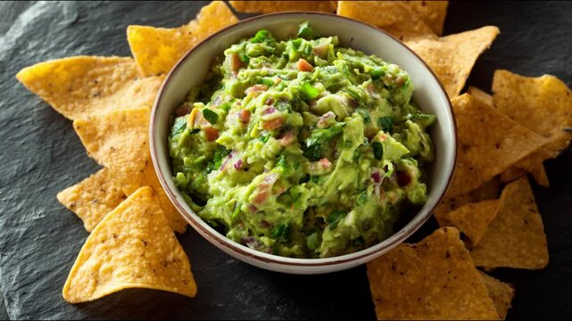 Freshly made guacamole with crispy tortilla chips, a delightful and savory snack.