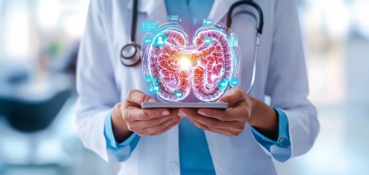 A doctor holds a tablet displaying a digital hologram of kidneys, representing healthcare technology and nephrology.