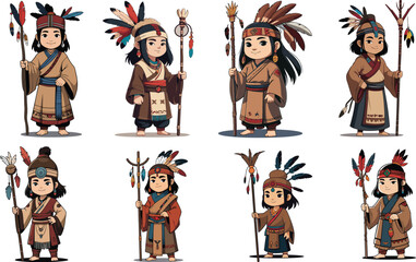 Indian Tribal Character Set Bundle Vector Illustration